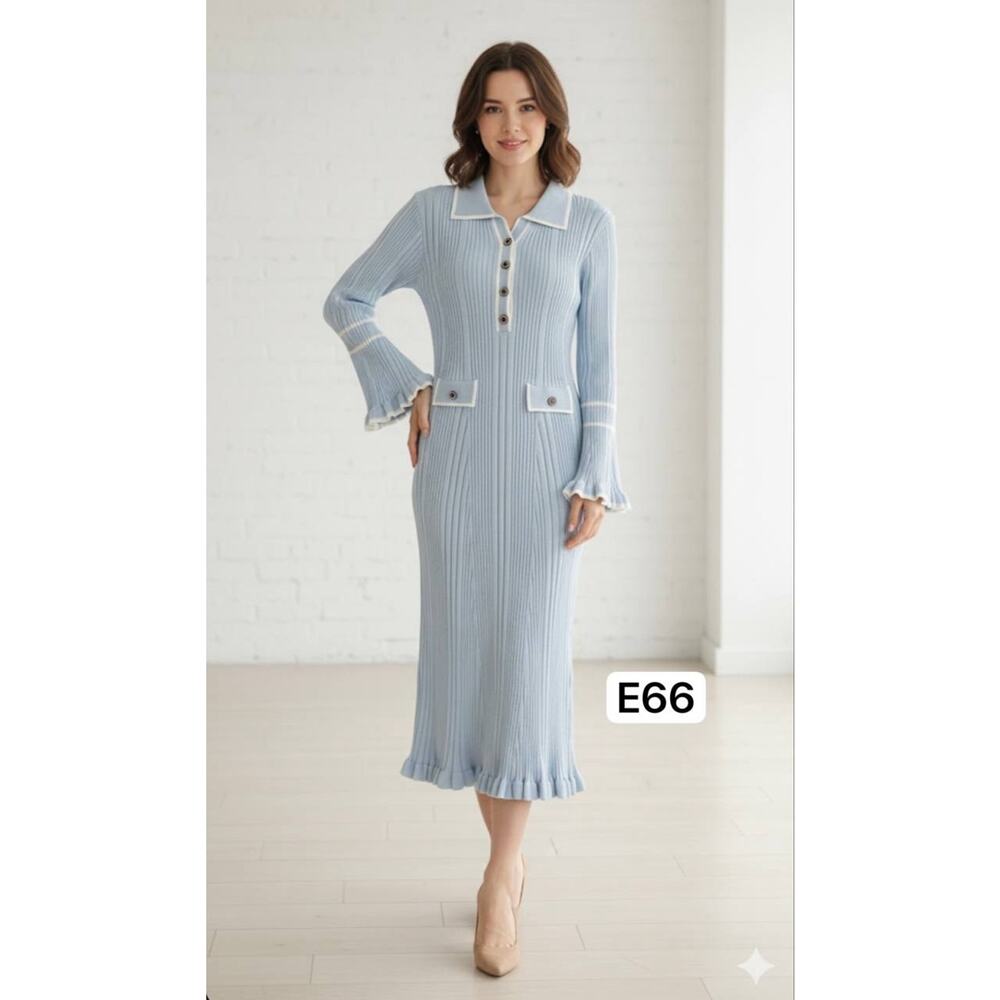 Women's Long‎ Sleeve Contrast Trim Ruffled Ribbed Knit Bodycon Sweater Dress L